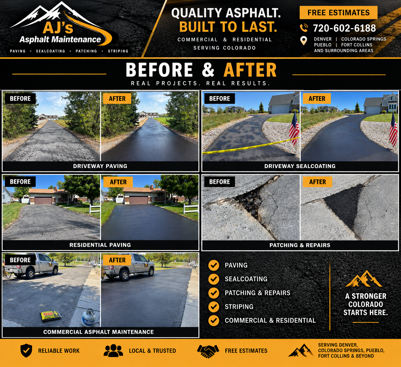 AJ's Asphalt Maintenance before and after asphalt projects in Colorado